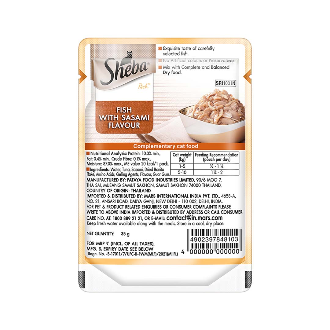 Sheba Rich Premium Adult (1+ Years) Wet Cat Food, Fish with Sasami Flavour, 35 g Pouch, High-moisture wet food for healthy hydration