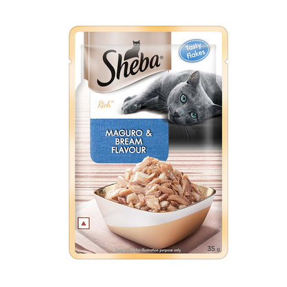 Sheba Rich Premium Adult (1+ Years) Wet Cat Food, Maguro & Bream Flavour, 35 g Pouch, High-moisture wet food for healthy hydration