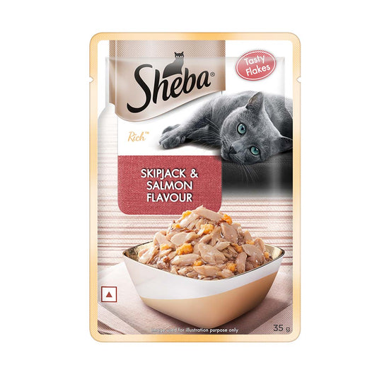 Sheba Rich Premium Adult (1+ Years) Wet Cat Food, Skipjack & Salmon Flavour, 35 g Pouch, High-moisture wet food for healthy hydration