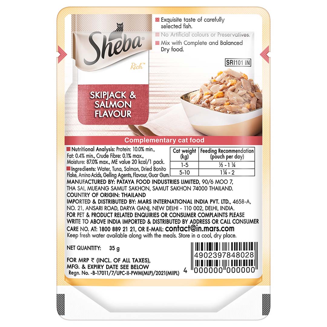 Sheba Rich Premium Adult (1+ Years) Wet Cat Food, Skipjack & Salmon Flavour, 35 g Pouch, High-moisture wet food for healthy hydration