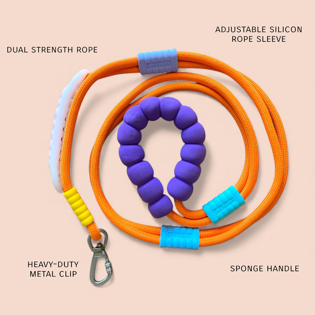 Talking Dog Club  Vivid- Bright Color Extra Stong Leash - Orange Leash/ Purple Handle