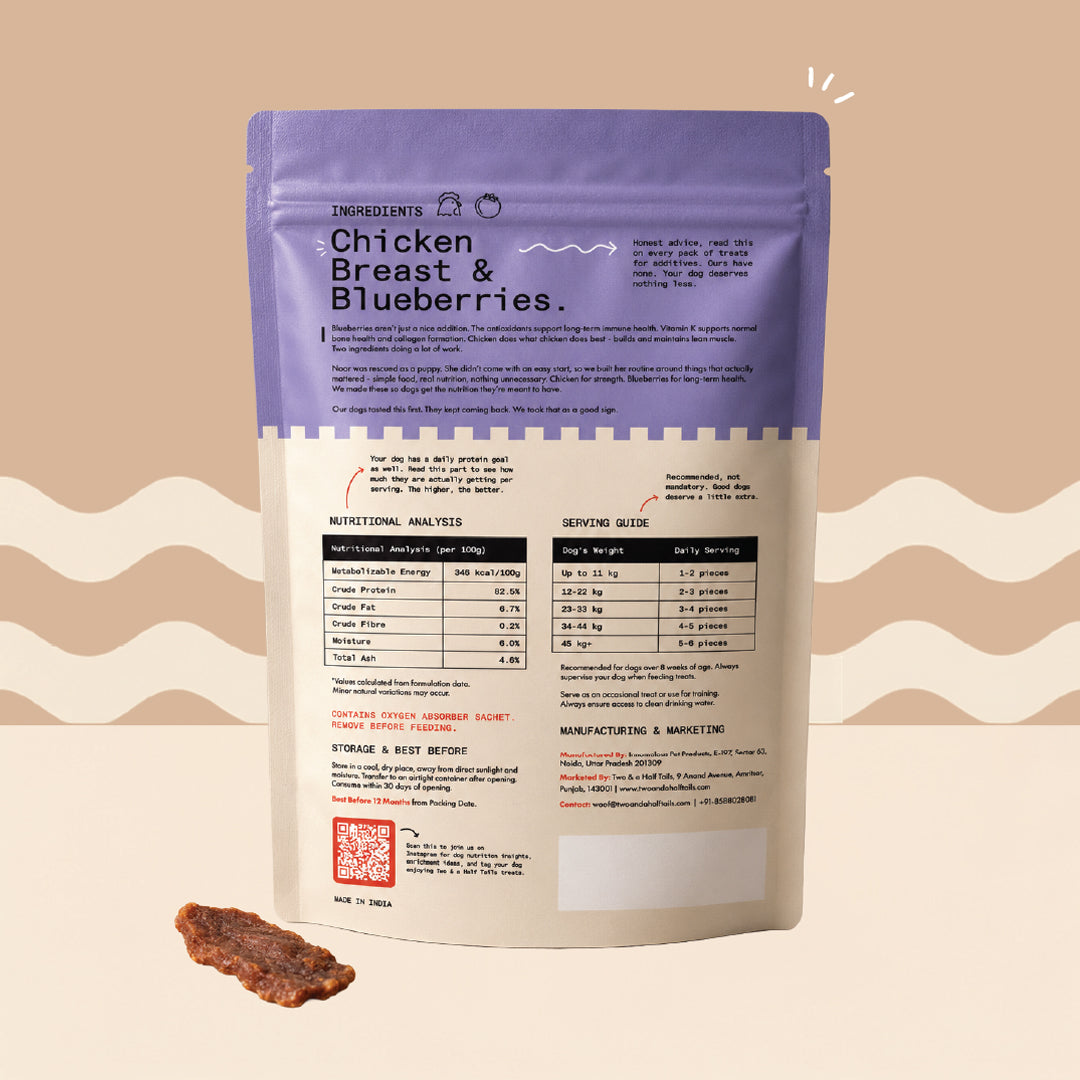 Two & a Half Tails Noor's Blueberry Chicken Jerky 70g | Grain-Free Dog Treats