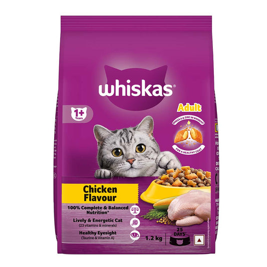 Whiskas Adult (+1 year) Dry Cat Food Food, Chicken Flavour, 1.2kg Pack