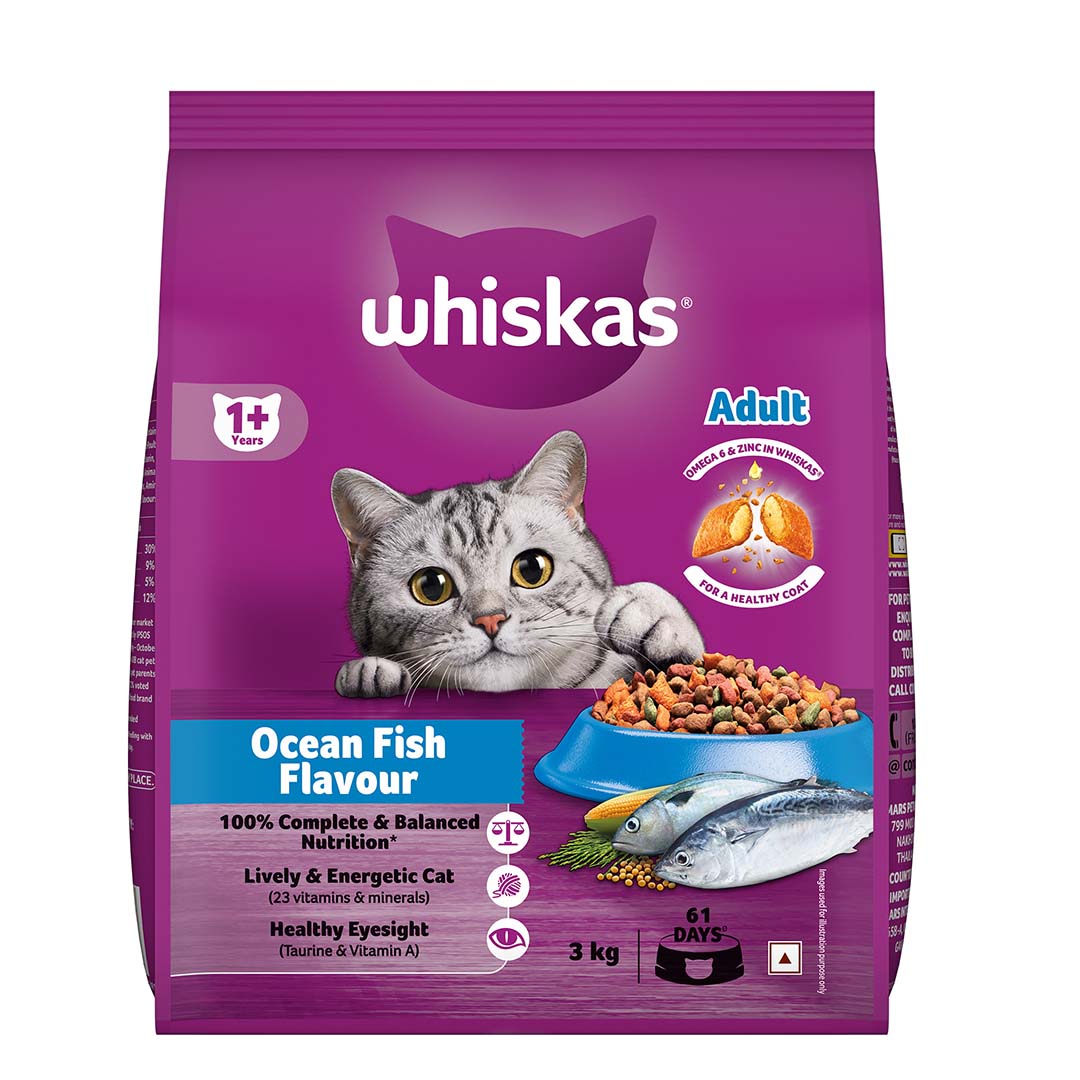 Whiskas Adult (+1 year) Dry Cat Food Food, Ocean Fish Flavour, 3kg Pack
