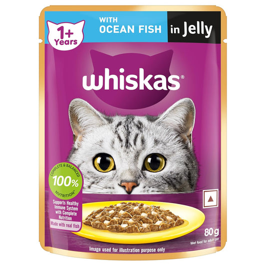 Whiskas Adult (1+ year) Wet Cat Food, Ocean Fish Flavor, 80g | Complete & Balanced Food for Adult Cats