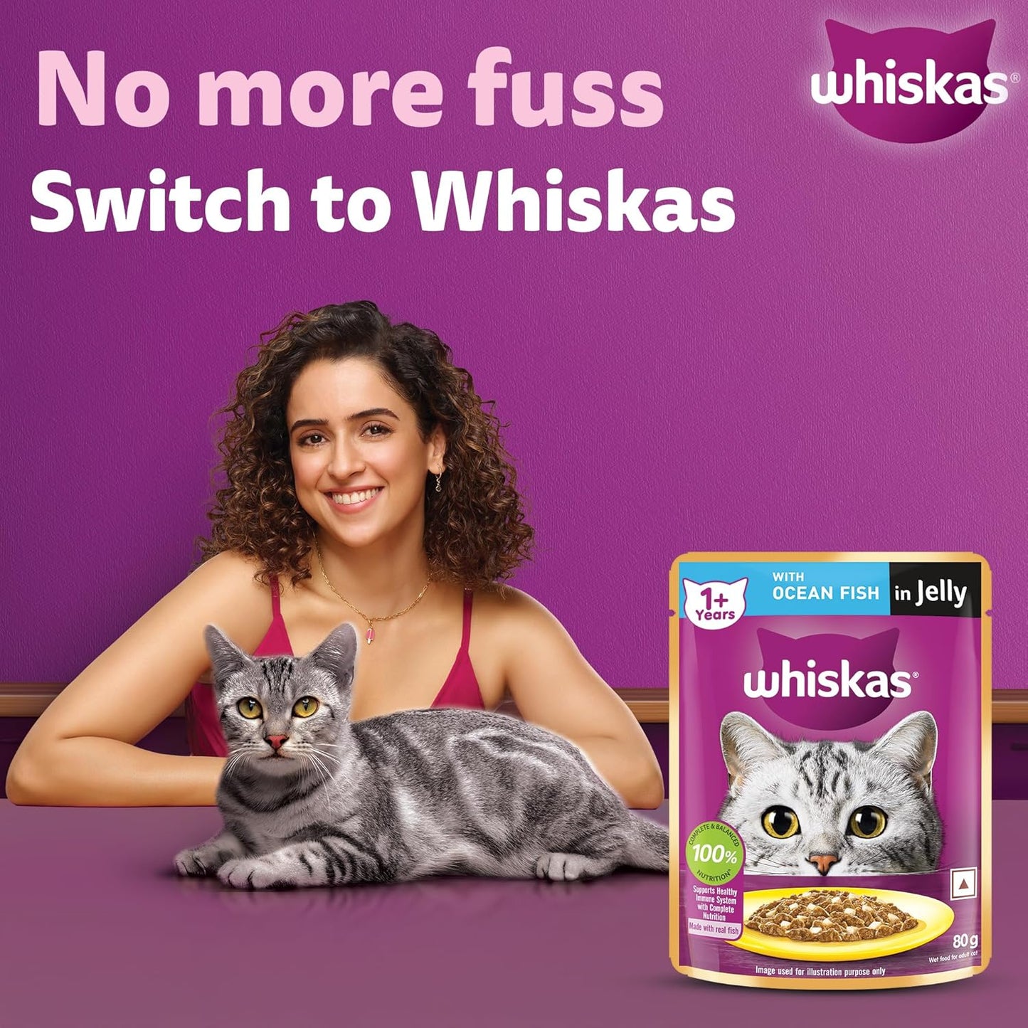 Whiskas Adult (1+ year) Wet Cat Food, Ocean Fish Flavor, 80g | Complete & Balanced Food for Adult Cats