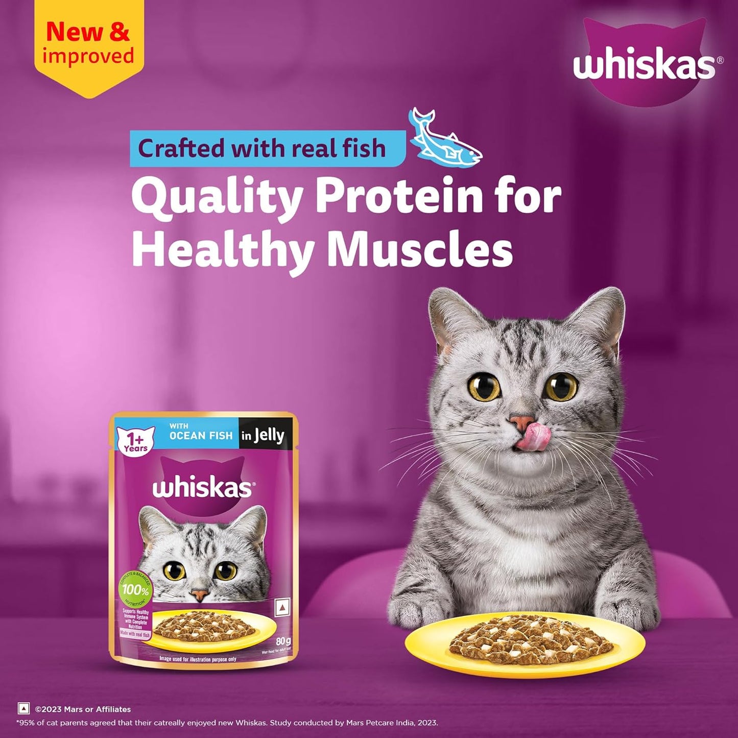 Whiskas Adult (1+ year) Wet Cat Food, Ocean Fish Flavor, 80g | Complete & Balanced Food for Adult Cats