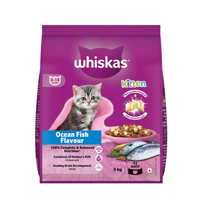 Whiskas Kitten (2-12 months) Dry Cat Food, Ocean Fish Flavour with Milk, 3kg Pack