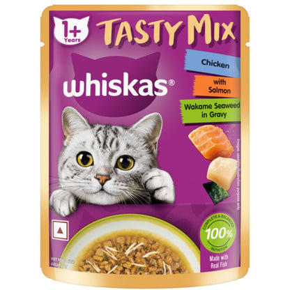 Whiskas Tasty Mix Adult (1+ year) Wet Cat Food, Chicken With Salmon Wakame Seaweed in Gravy, 70g | Made With Real Fish | Complete & Balanced Nutrition for Adult Cat