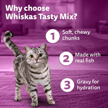 Whiskas Tasty Mix Adult (1+ year) Wet Cat Food, Chicken With Salmon Wakame Seaweed in Gravy, 70g | Made With Real Fish | Complete & Balanced Nutrition for Adult Cat