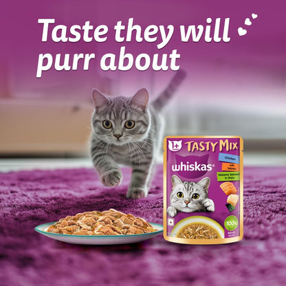 Whiskas Tasty Mix Adult (1+ year) Wet Cat Food, Chicken With Salmon Wakame Seaweed in Gravy, 70g | Made With Real Fish | Complete & Balanced Nutrition for Adult Cat