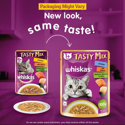 Whiskas Tasty Mix Adult (1+ year) Wet Cat Food, Chicken With Salmon Wakame Seaweed in Gravy, 70g | Made With Real Fish | Complete & Balanced Nutrition for Adult Cat