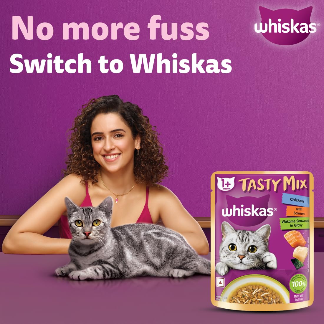Whiskas Tasty Mix Adult (1+ year) Wet Cat Food, Chicken With Salmon Wakame Seaweed in Gravy, 70g | Made With Real Fish | Complete & Balanced Nutrition for Adult Cat