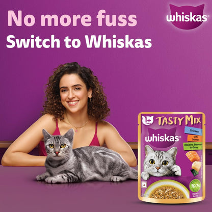Whiskas Tasty Mix Adult (1+ year) Wet Cat Food, Chicken With Salmon Wakame Seaweed in Gravy, 70g | Made With Real Fish | Complete & Balanced Nutrition for Adult Cat
