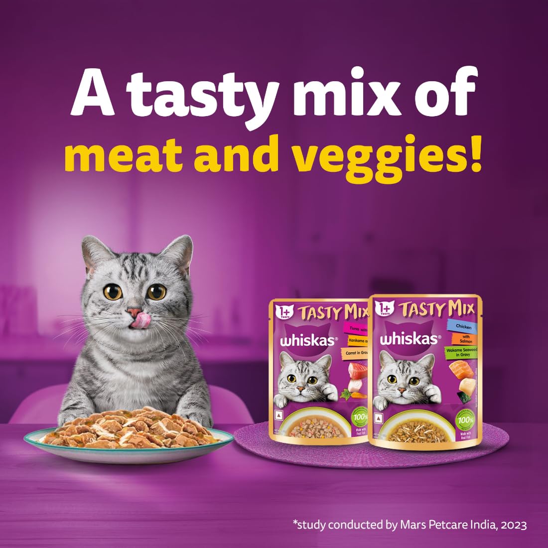 Whiskas Tasty Mix Adult (1+ year) Wet Cat Food, Chicken With Salmon Wakame Seaweed in Gravy, 70g | Made With Real Fish | Complete & Balanced Nutrition for Adult Cat
