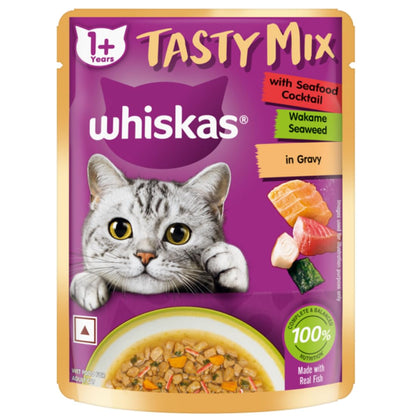 Whiskas Tasty Mix Adult (1+ year) Wet Cat Food, Seafood Cocktail Wakame Seaweed in Gravy, 70 g|Made With Real Fish|Complete & Balanced Nutrition for Adult cat