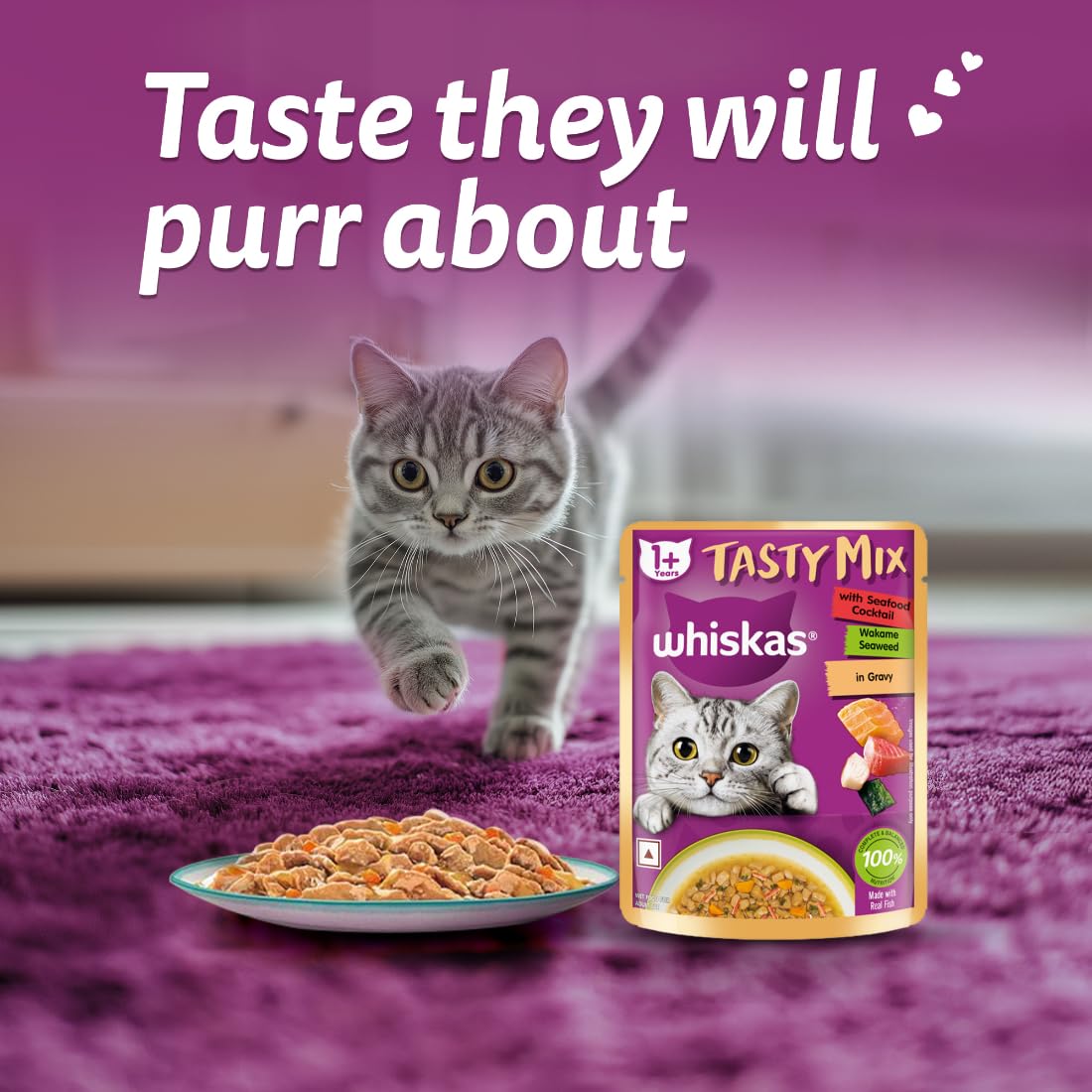 Whiskas Tasty Mix Adult (1+ year) Wet Cat Food, Seafood Cocktail Wakame Seaweed in Gravy, 70 g|Made With Real Fish|Complete & Balanced Nutrition for Adult cat