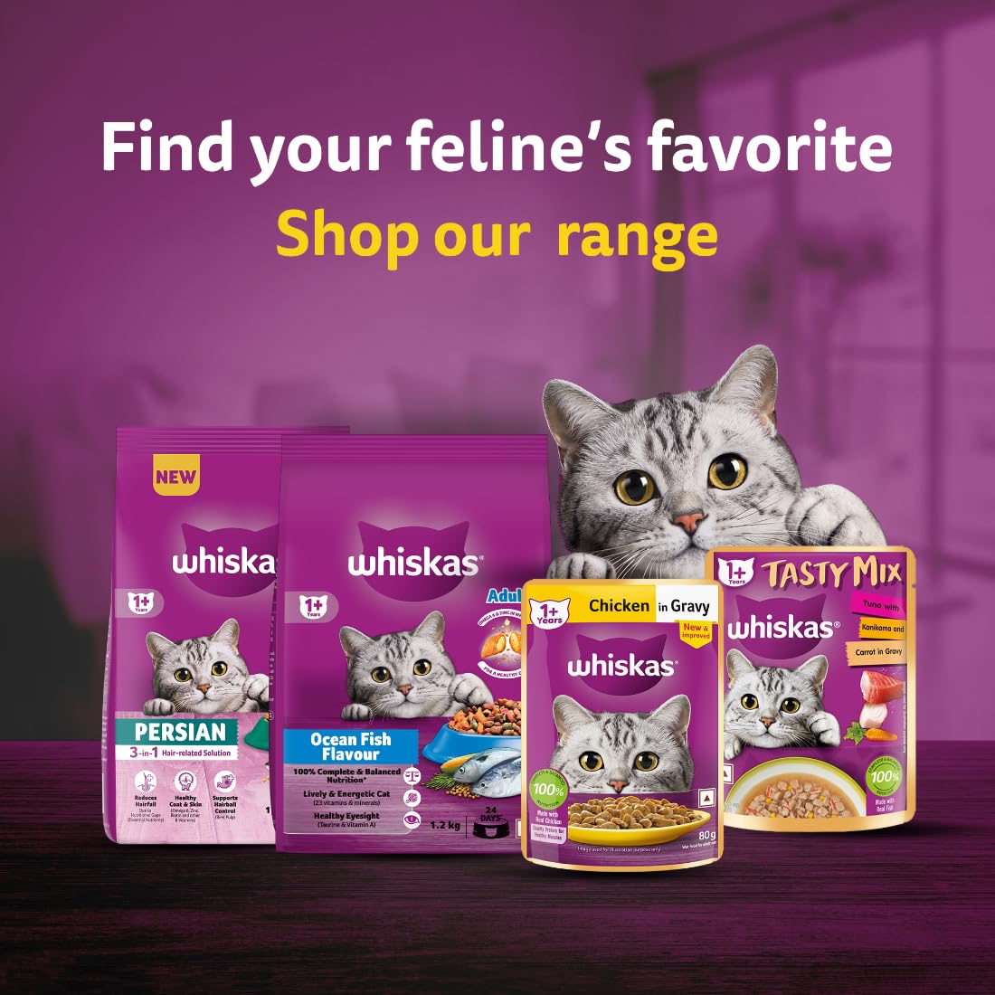Whiskas Tasty Mix Adult (1+ year) Wet Cat Food, Seafood Cocktail Wakame Seaweed in Gravy, 70 g|Made With Real Fish|Complete & Balanced Nutrition for Adult cat