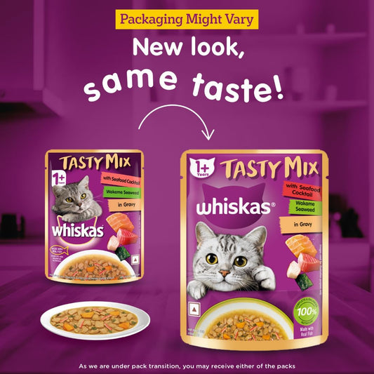 Whiskas Tasty Mix Adult (1+ year) Wet Cat Food, Seafood Cocktail Wakame Seaweed in Gravy, 70 g|Made With Real Fish|Complete & Balanced Nutrition for Adult cat