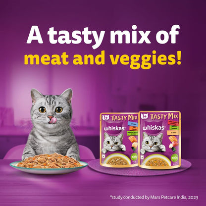 Whiskas Tasty Mix Adult (1+ year) Wet Cat Food, Seafood Cocktail Wakame Seaweed in Gravy, 70 g|Made With Real Fish|Complete & Balanced Nutrition for Adult cat