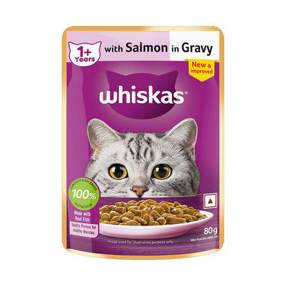 Whiskas Wet Cat Food for Adult Cats (1+Years), Salmon in Gravy Flavour,  80g