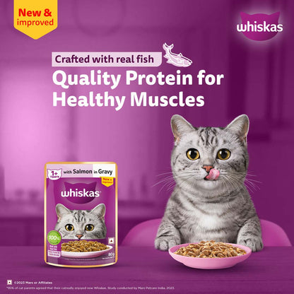 Whiskas Wet Cat Food for Adult Cats (1+Years), Salmon in Gravy Flavour,  80g
